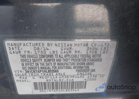 2017 Nissan Versa 1.6 S/1.6 S+/1.6 Sl/1.6 Sv z USA, uszkodzony, nr VIN 3N1CN7AP1HL803565